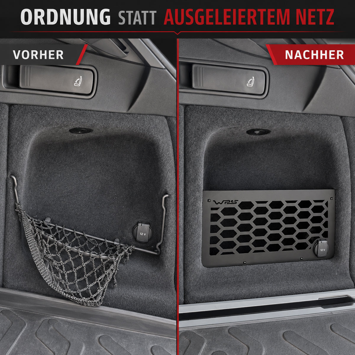 Vorher-nachher-Vergleich im Audi A6 C7 Avant: ausgeleiertes Kofferraumnetz und montierter Gittereinsatz