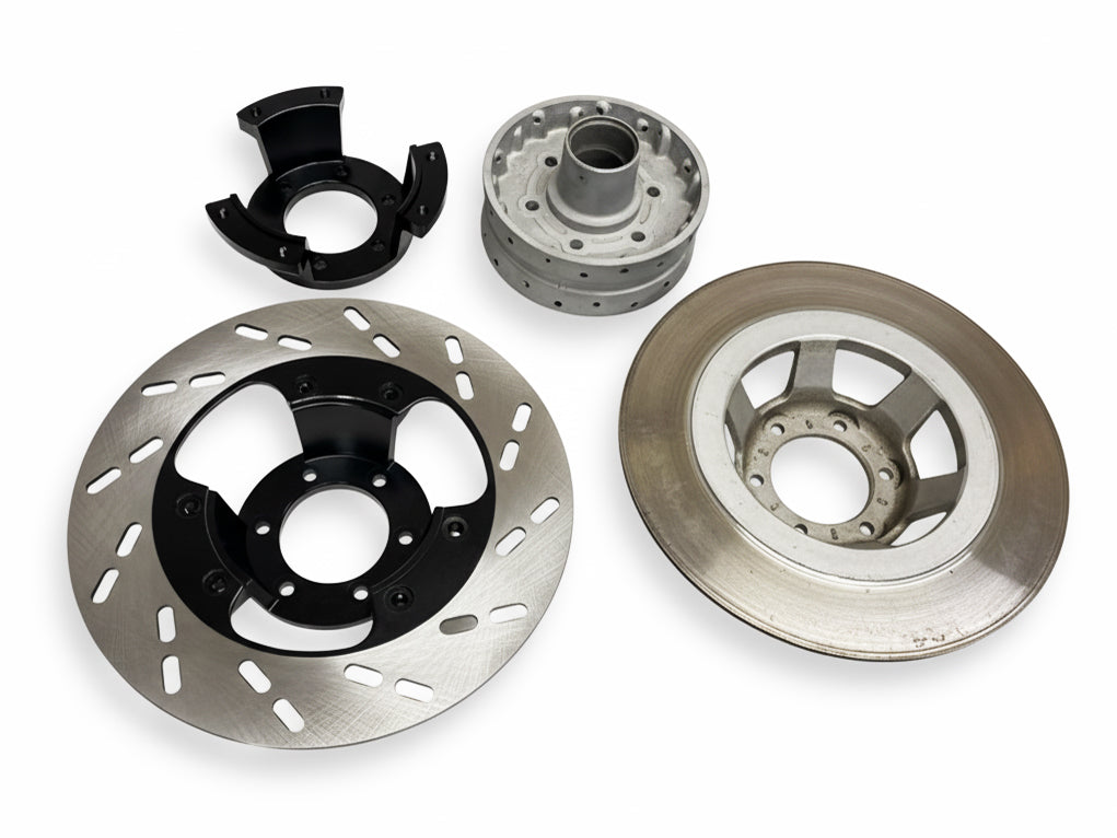 MZ ETZ 150 250 251 301 gelochte 280mm Scheibenbremse mit Aufnahme für originale Radnabe - Komplettset